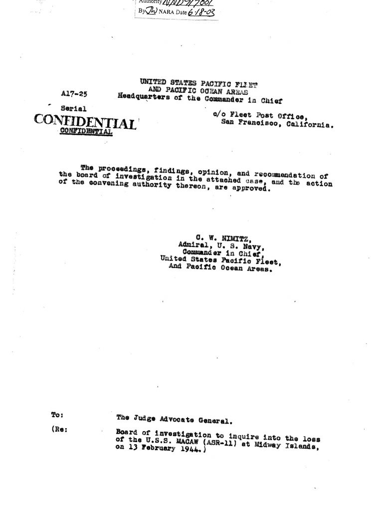 Macaw Board of Investigation—Nimitz approval